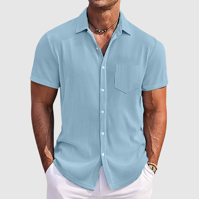 Men's Ribbed Camp Collar Shirt Casual Short Sleeve Textured Cotton