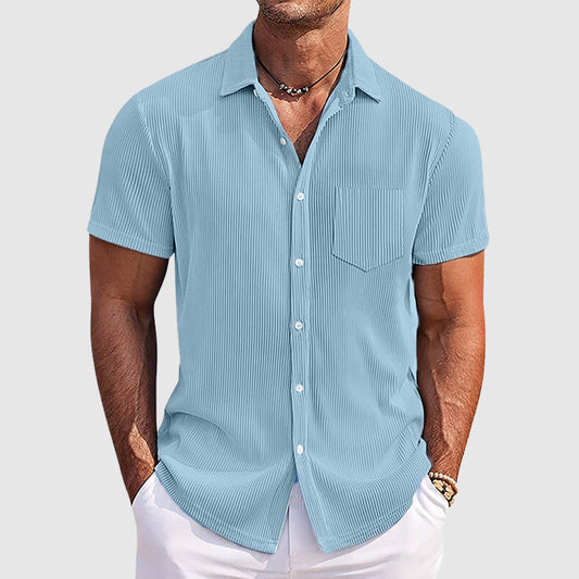 Men's Ribbed Camp Collar Shirt Casual Short Sleeve Textured Cotton
