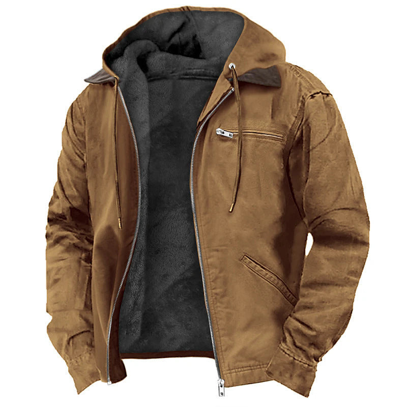 Men's Hooded Canvas Jacket Fleece Lined Zip Front