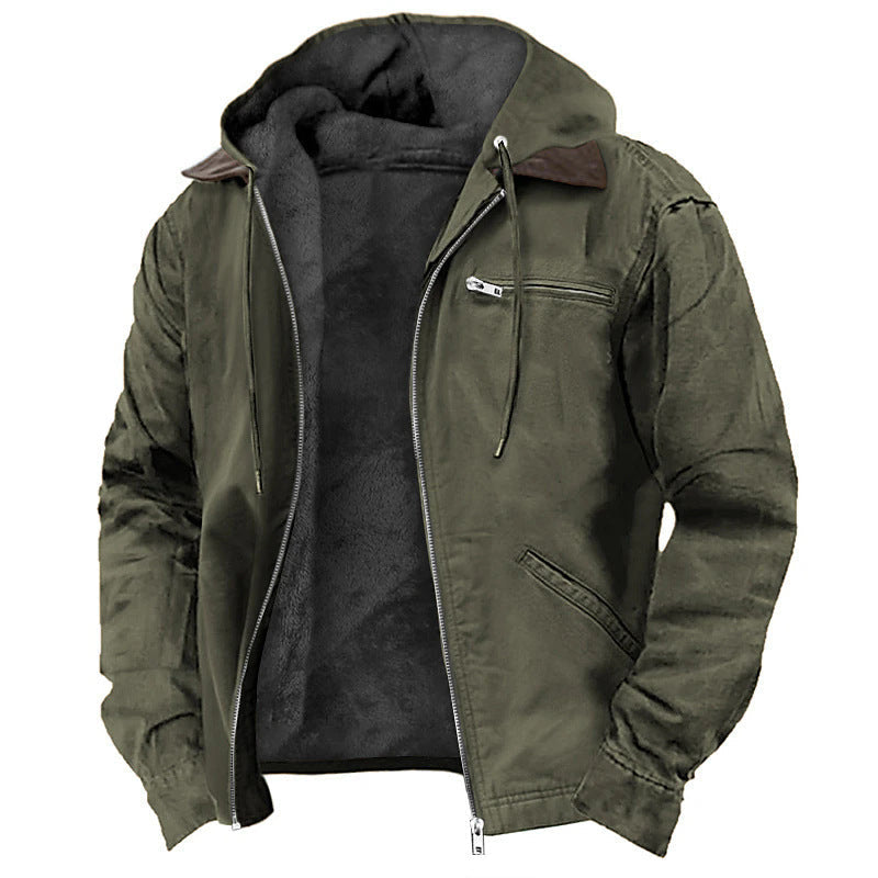 Men's Hooded Canvas Jacket Fleece Lined Zip Front