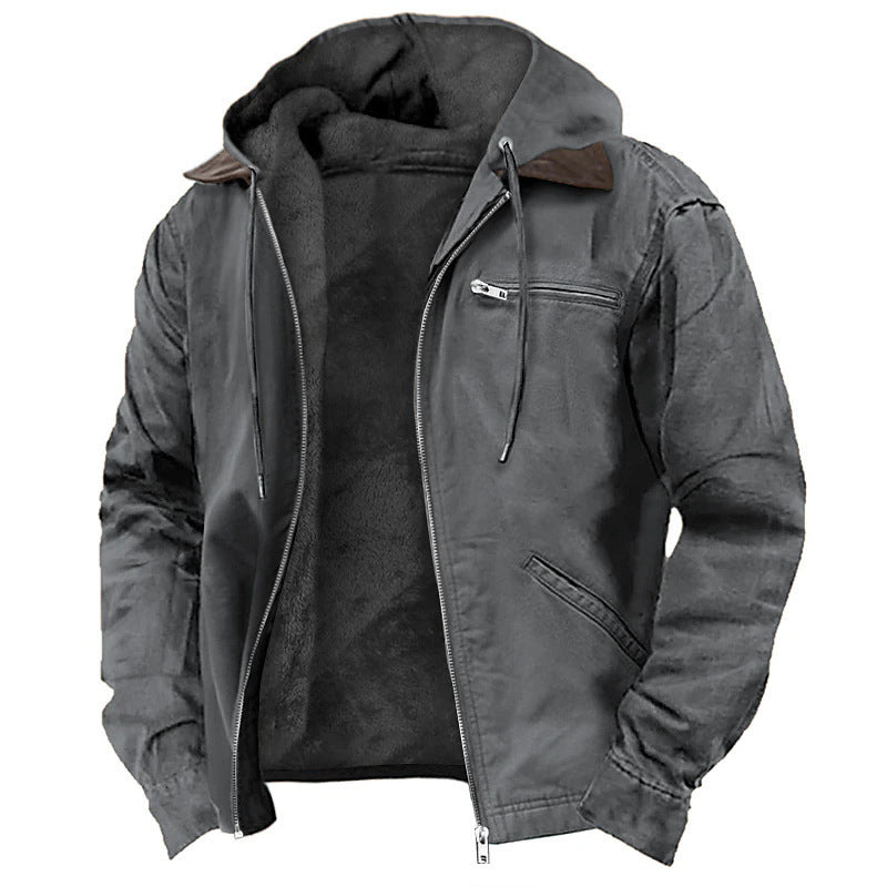 Men's Hooded Canvas Jacket Fleece Lined Zip Front