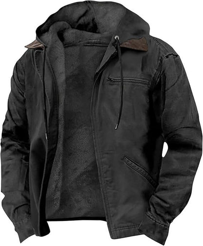 Men's Hooded Canvas Jacket Fleece Lined Zip Front