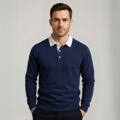 Men's Navy Long-Sleeve Polo Sweater Casual Smart