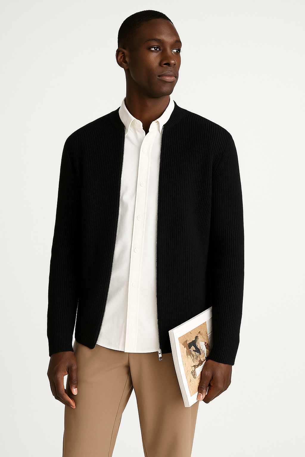 Men's Ribbed Knit Cardigan Double Zipper Relaxed Fit