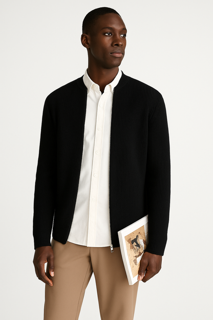 Men's Ribbed Knit Cardigan Double Zipper Relaxed Fit