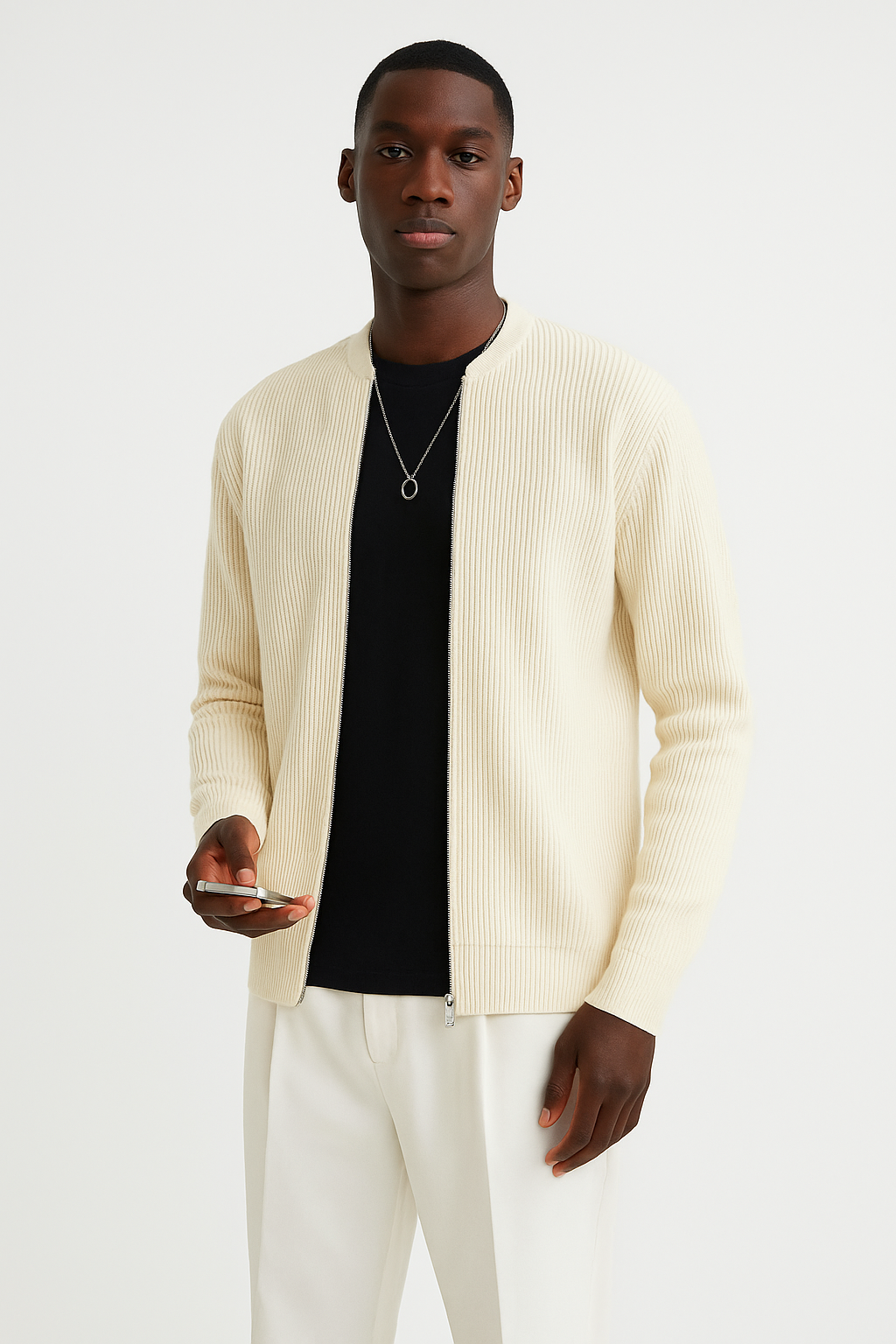 Men's Ribbed Knit Cardigan Double Zipper Relaxed Fit