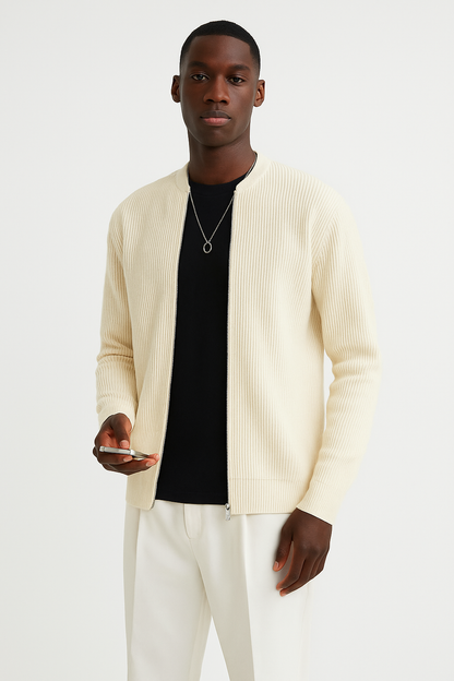 Men's Ribbed Knit Cardigan Double Zipper Relaxed Fit