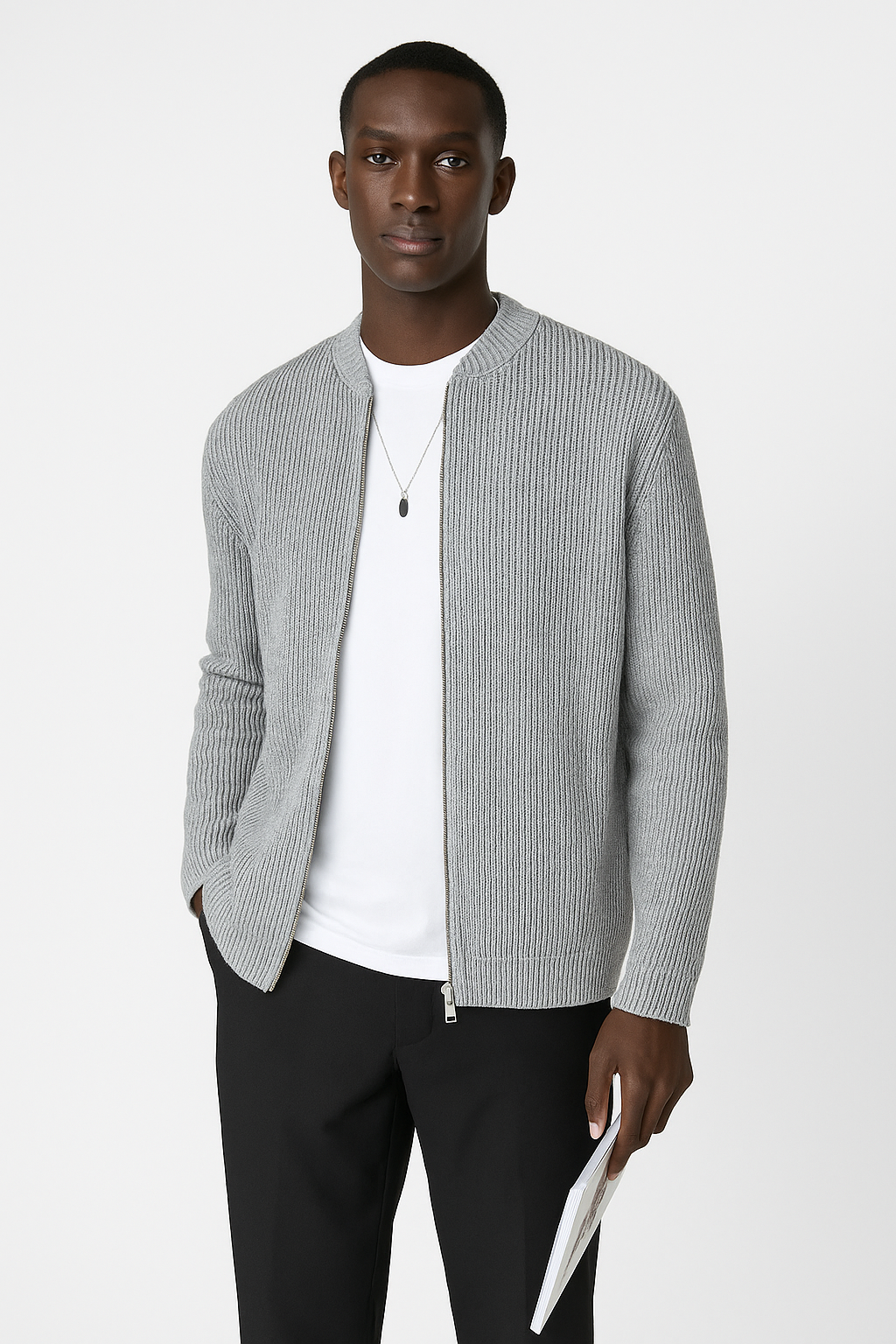 Men's Ribbed Knit Cardigan Double Zipper Relaxed Fit