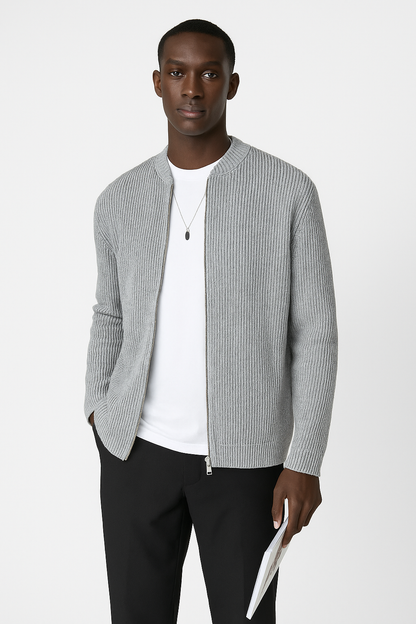 Men's Ribbed Knit Cardigan Double Zipper Relaxed Fit