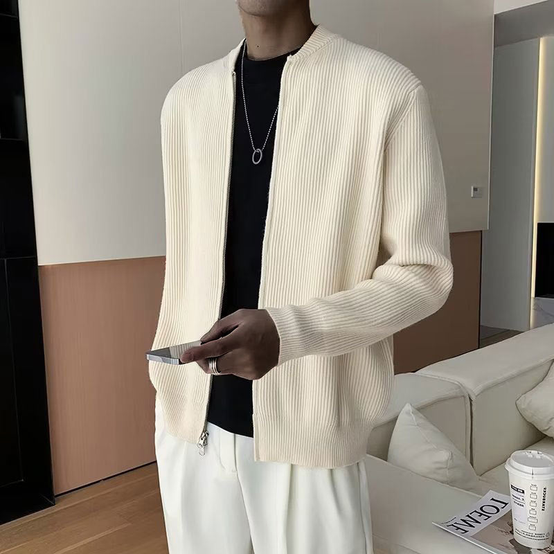 Men's Ribbed Knit Cardigan Double Zipper Relaxed Fit