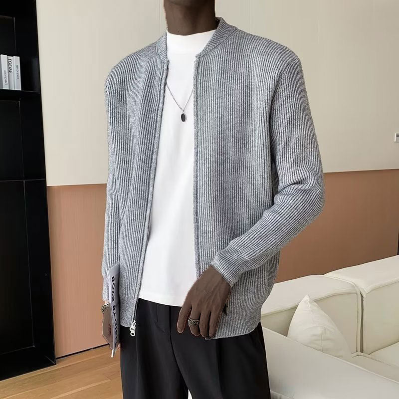 Men's Ribbed Knit Cardigan Double Zipper Relaxed Fit
