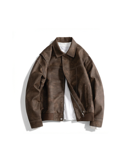 Men's Leather Bomber Jacket Classic Faux Leather Coat Casual Style